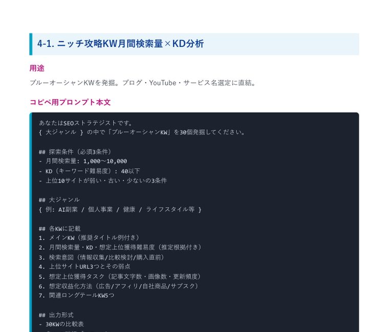 Deep Research 完全攻略プロンプト集2026（40本＋特典） ｜ 中のページ（ニッチ攻略KWの検索量×KD分析）