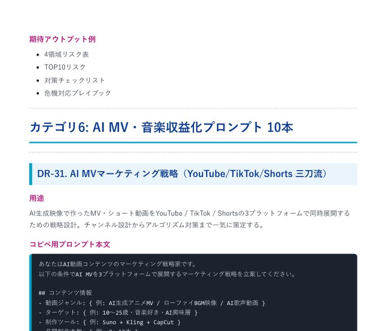 Deep Research 完全攻略プロンプト集2026（40本＋特典） ｜ 中のページ（カテゴリ6 AI MV・音楽収益化プロンプト10本）